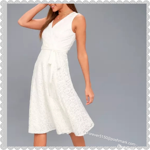 Lulus Dresses & Skirts - NWT Lulu's "Siana' White Lace Wrap Midi Dress
